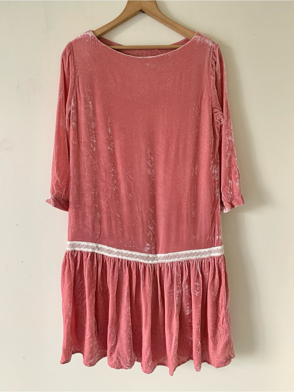 Handmade Dusty Rose Velvet Drop-Waist Dress with Lace Trim